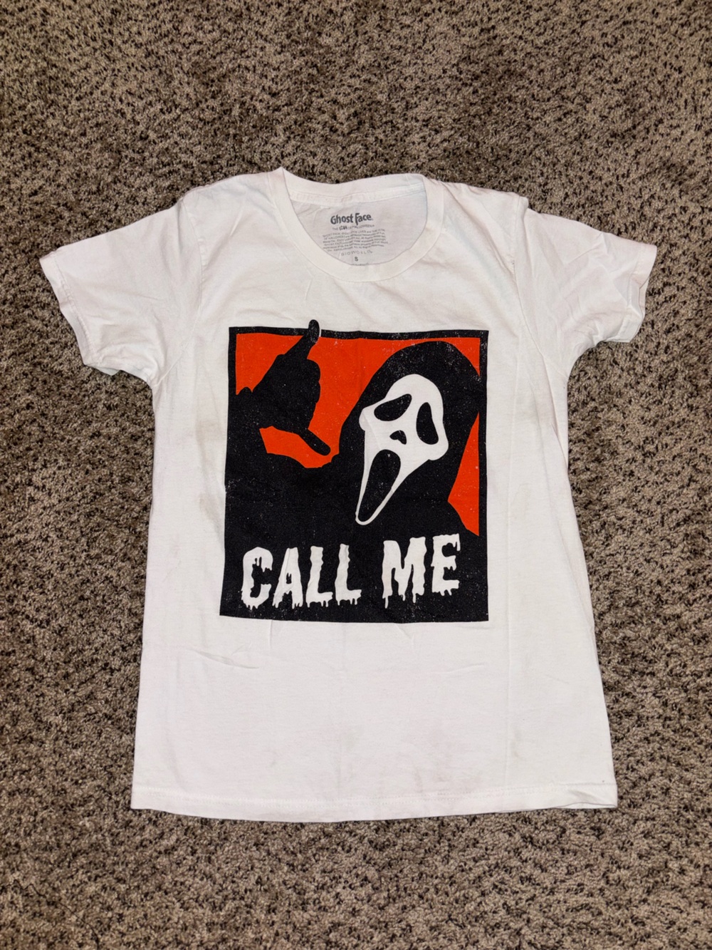 Bioworld White Men’s Tee with Black and Orange 'Call Me' Ghost Graphic